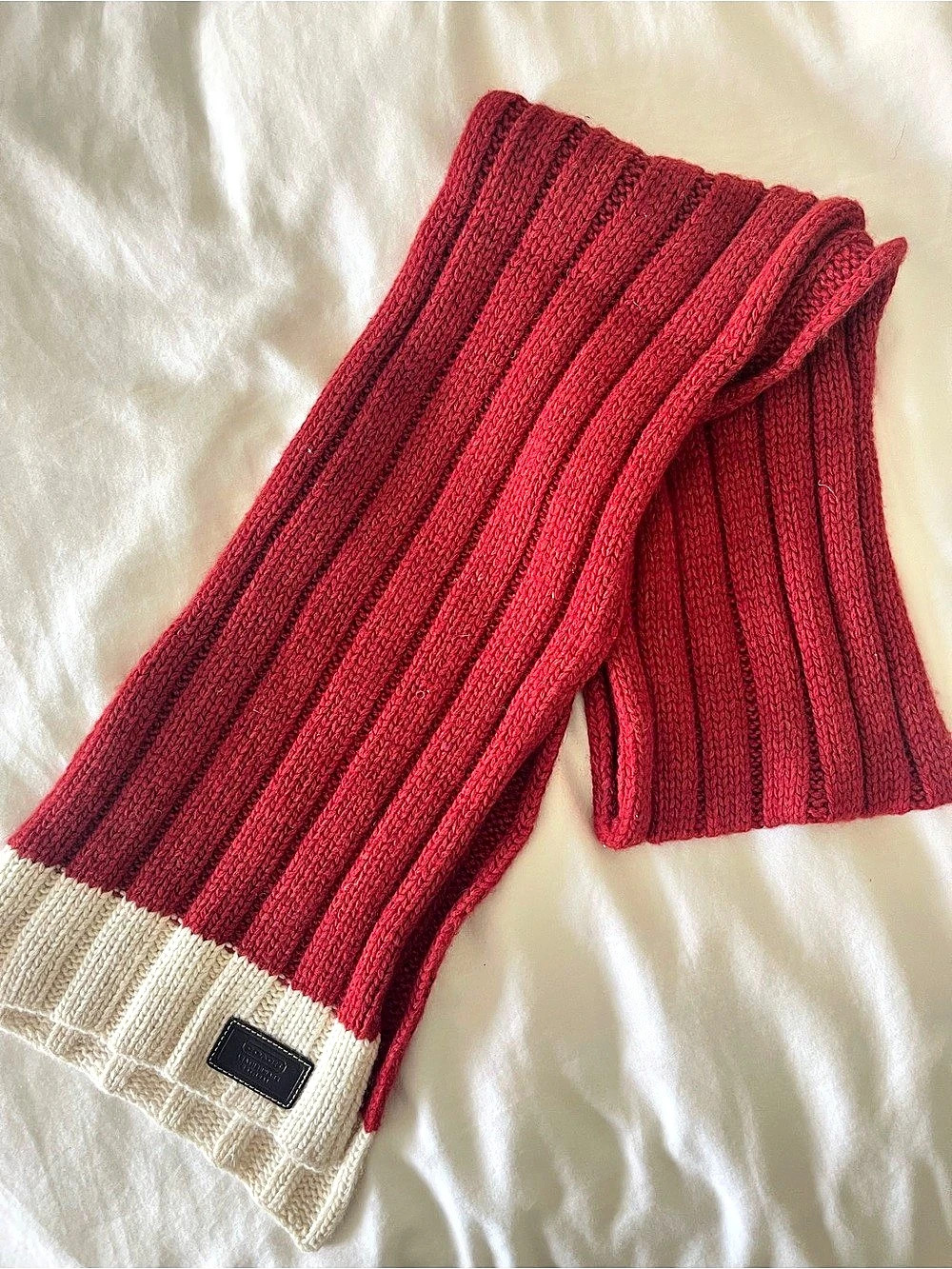 Coach Color Block Knit Scarf in Red & Cream